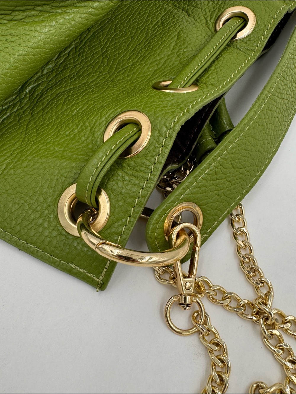 Anna Paola Gorgeous Green Leather Drawstring Bucket Bag, Made in Italy - Picture 11 of 16